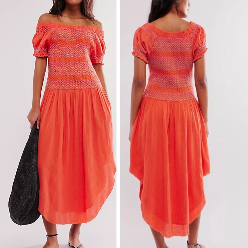 Free People Catch Me Midi Dress Size Small Off Shoulder Fitted Drop Waist Midi - Picture 7 of 7